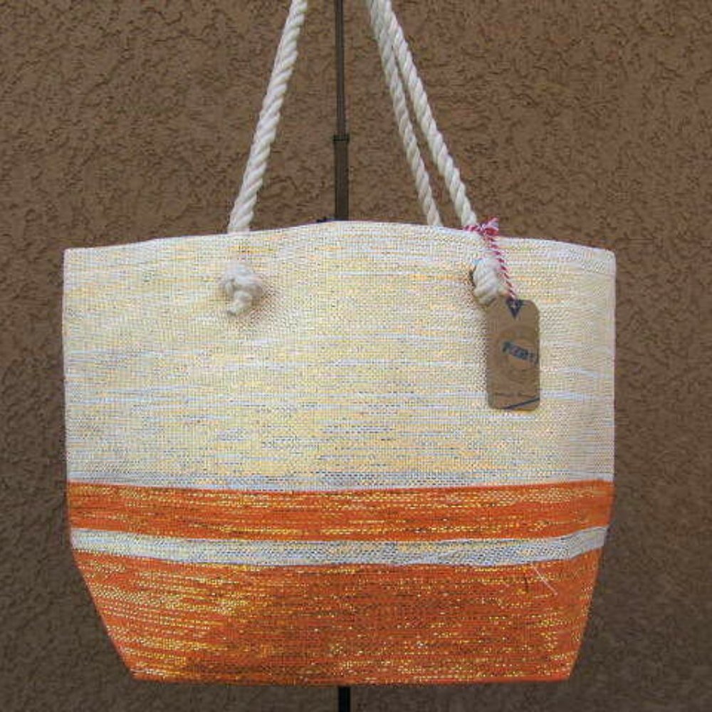 Orange & Gray Metalic Straw Shopper Beach Gym Tote